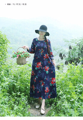

2018 new folk style prints cotton linen long sleeved dress womens loose leisure long round collar