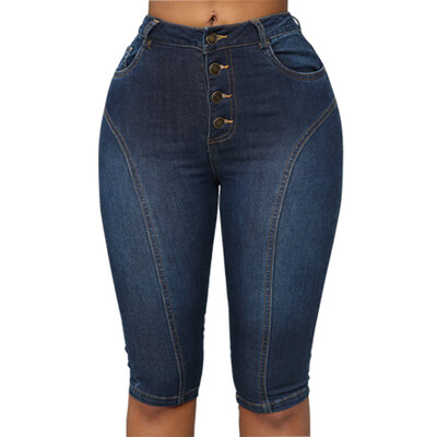 

Tailored Women High Waist Button Down Pockets Denim Skinny Knee-Length Shorts Jeans Pants