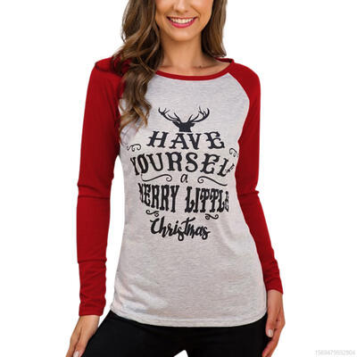

Women Christmas T-shirt Letter Printed Round Neck Long-sleeved Large Size Loose T-shirt