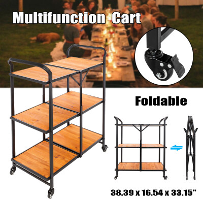 

3 Tier Kitchen Iron Wood Foldable Multi-function Cart Wheels Storage Organizer