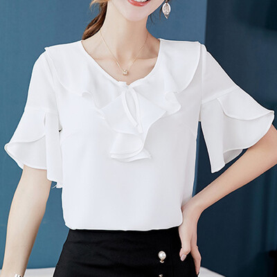 

Starmoon Women Summer Korean Shirt V-neck Short Sleeve Fashion Casual Chiffon Shirt Top