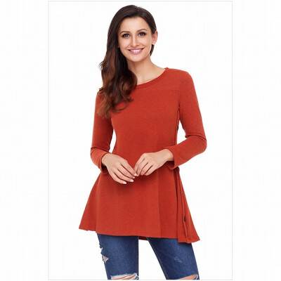

Solid color round neck long sleeve left single row button slim fit shirt womens