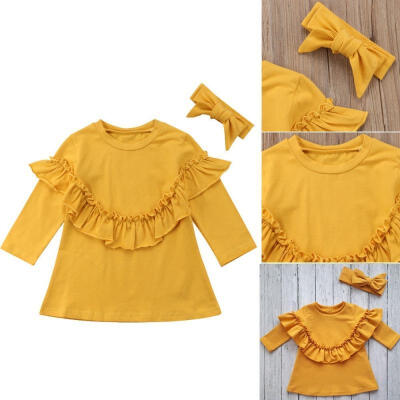 

2PCS Set Newborn Baby Girl Long Sleeve Ruffle T-shirt Bowknot Headband Casual Clothes