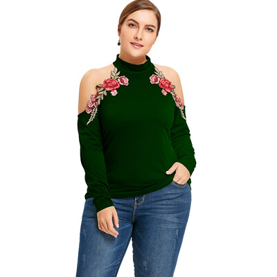 

Plus Size Cold Shoulder Floral Embroidered T-shirt
