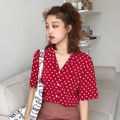 

Fashion Women Shirt V-neck Korean Style Polka Dot Harajuku Women Clothes New Tops