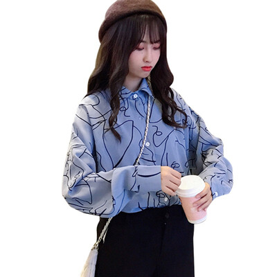 

2019 Autumn New Geometric Line Print Blouse Loose Simple Casual Long Sleeve Shirts Office Lady OL Blouse Shirt White