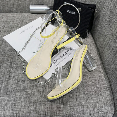 

Summer Korean version of 100 sets of one-word buckle thick-heeled open-toed sandals for ladies with transparent heels&ladies w