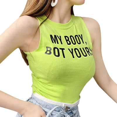 

Women Sleeveless O-Neck Pullover Letter Print Knitted Crop Tank Top