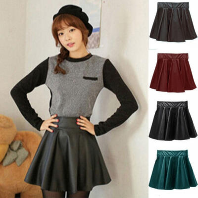 

Fashion Women High Waist PU Leather Mini Skirt Summer Skater Party Casual Dress