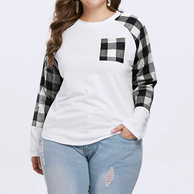 

Nomeni Women Casual Plus Size Long Sleeve O Neck Plaid Pockets T Shirt Top Blouse
