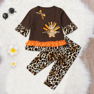 

2PCS Baby Kid Girl Thanksgiving Day Clothes Top T-shirt Leopard Pants Outfit Set