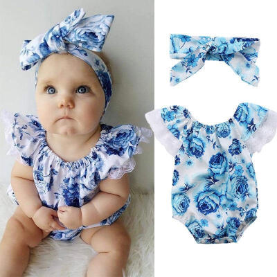 

Newborn Baby Girl Rompers Bodysuit Lace Flower Jumpsuit Headband Outfits Sunsuit