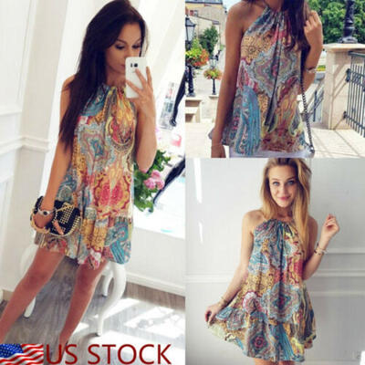 

US Women Summer Dress Beachwear Vest Tops Boho Printed Mini Sun Dress Clothes