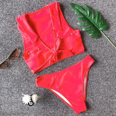 

Women Two Piece Bikini Set Plunge V Neckline Tied Bow Bandage Rivet Low Waist Sexy Beach Wear
