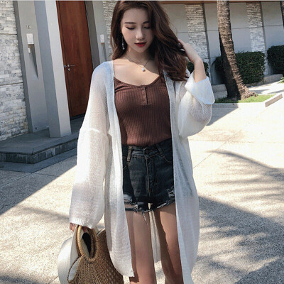 

Kimonos for Women 2019 Summer Ladies Knitted Cardigans Female Casual Women Blouses Sweet Solid Loose Long Sleeve Blouse Shirt