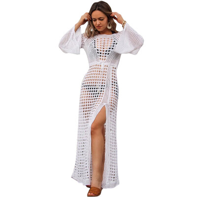 

Sexy Women Bikini Cover Up Sheer Fishnet Hollow Out Split Knitted Swimsuit Coverups Beach Long Dress WhiteBlackBeige