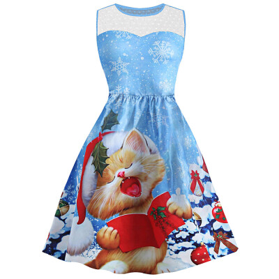 

Christmas Snowflake Cat Print Mesh Panel Dress