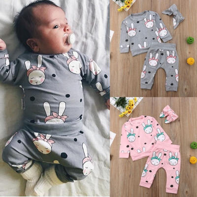 

0-2T Infant Baby Girl Rabbit Top T-shirtLong PantsHeadband Clothes Cotton Outfit Set