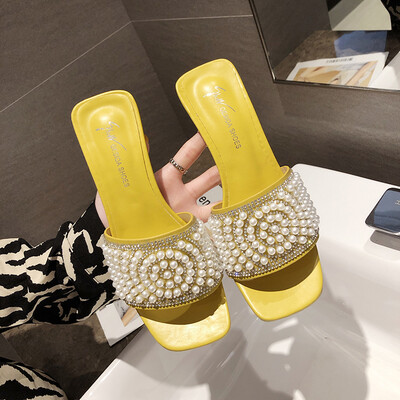 

Ins Chaozhou Sandals Female Korean version of a word water drill thick heel high-heeled slippers for women wearing in summer