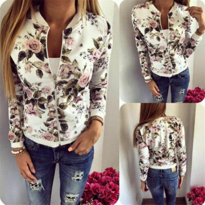 

Fashion Womens Ladies Retro Floral Zipper Up Bomber Jacket Casual Coat Outwear