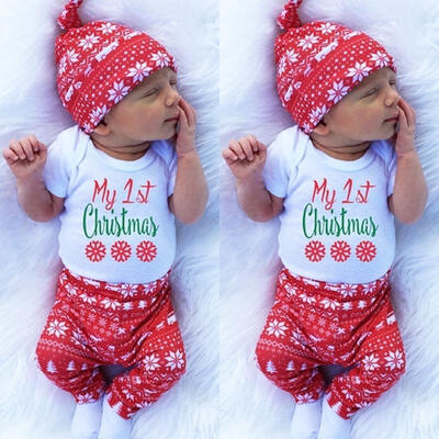 

3Pcs Christmas Newborn Baby Boys Girls Clothes Romper Pants Hat Warm Outfit Gift