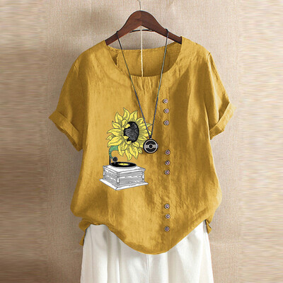 

Roseonmyhand Plus Size Women Short Sleeve Cotton Linen O-Neck Print Blouse Top T-Shirt