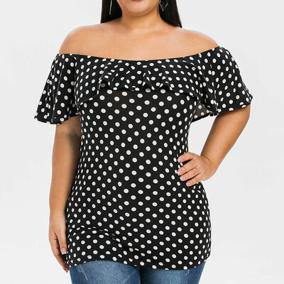 

Nomeni Women Plus Size Casual Slash Neck Ruffled Wave Dot Print Top T-shirt