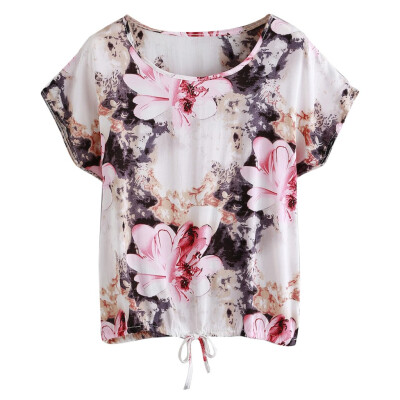 

Nomeni Womens V-Neck Florals Dolman Drawstring Short Sleeve Strappy Print Tops Blouse