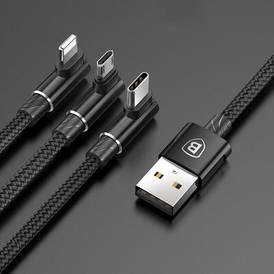 

BASEUS One Drag Three Charging Data Cable 35A 12m Elbow Type-C Lightning Micro USB Charge Wire Cable-12m