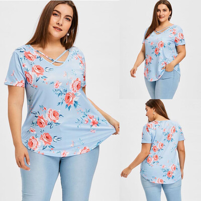 

Starmoon Womens Plus Size Casual V-Neck Short-Sleeved Printed Curved Hem T-shirt Top