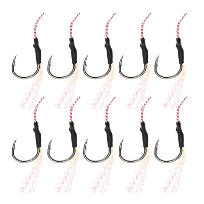 

10Pcs Jigging Spoon Fishing Hooks with Feather Jig Assist Fishhook Metal Plate Roped Overweight Hook