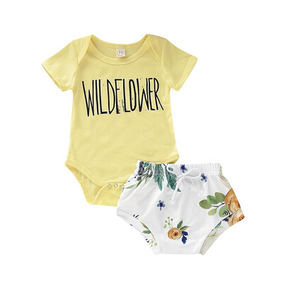 

Summer Baby Girl Casual Short Sleeve Cotton Letter Print Pattern Romper Tops Briefs Shorts Outfits Set