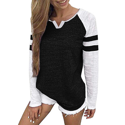 

Nomeni Womens Casual V Neck Patchwork Tee Shirts Tops Tunic Long Sleeve Blouse BKL