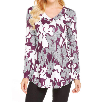 

Nomeni Womens Long Sleeve Floral Print V Neck Button Shirt Casual Tunic Blouses Tops