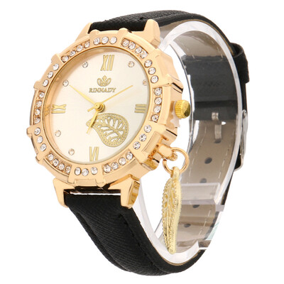 

New Women Quartz Watches Leaves Tower Rhinestone Pendant Leather Wrist Watch 2018 Casual Golden Dial Ladies Watch Montre Femme