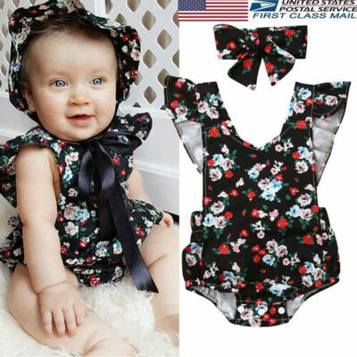 

Newborn Infant Baby Girl Flower Romper Bodysuit Headband Outfit Clothes Sunsuit