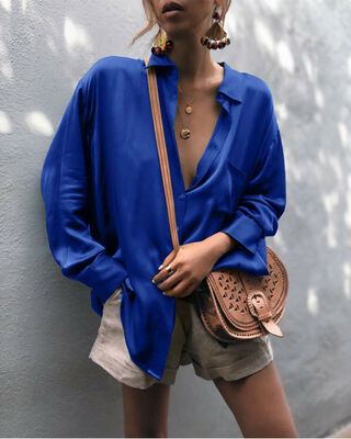 

Women Sexy Deep V-neck Satin Blouse Tops Casual Long Sleeve Office Ladies Shirt