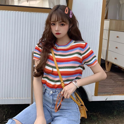 

Summer Korean Version Rainbow Stripe T-Shirt Round Neck Slim Shirt Woman Knit Short Sleeve Tees Girls