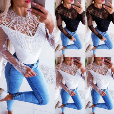 

US Womens Lady Long Sleeve Lace Floral Slim Tops Casual T-Shirt Tee Shirt Blouse