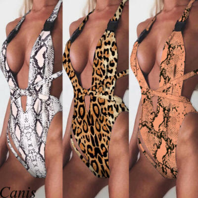 

Women One-piece Swimsuit Deep-V Padded Bra Snake Leopard Print Swimwear Monokini