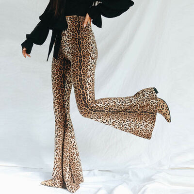 

Fashion Womens Leopard Bell Bottom Stretch High Waist Casual Pants Trousers