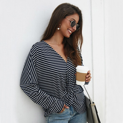 

Women Loose V Collar Summer Cartoon Stripes Print Loose Long Sleeve Casual Simple Wild T-Shirt