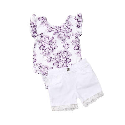 

Toddler Baby Girl Summer Floral Lace Romper Tops Solid White Denim Shorts Pants Kids Outfit Clothes