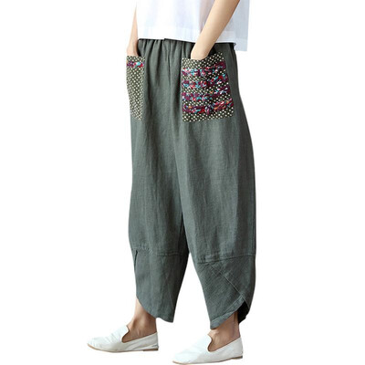 

Vintage Women Ethnic Splicing Harem Pants Elastic Waist Wide Leg Trousers Baggy Loose Cotton Linen Pants