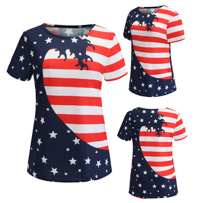 

Nomeni Fashion Women Stripe America Flag Printed O-Neck Short Sleeve Tops Blouse