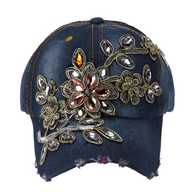 

Women Baseball Cap Full Crystal Flower Denim Bling Rhinestone Snapback Cap