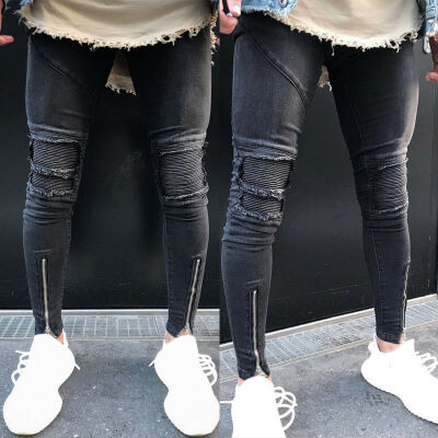 

Mens Stretchy Ripped Skinny Biker Jeans Destroyed Taped Slim Fit Denim Pants