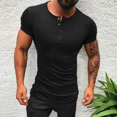 

Men Casual Plain Short Sleeve T-shirt Tee Shirt Top Grandad Collarless Button