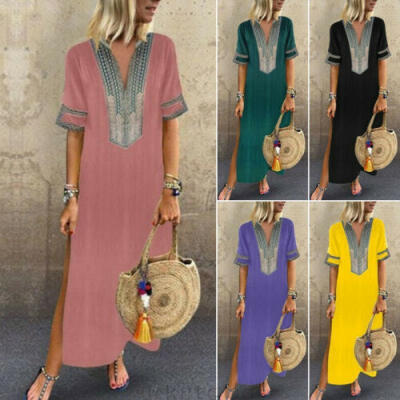 

Plus Size Womens Linen Tunic Dress Loose Short Sleeve Summer A-Line Long Dress