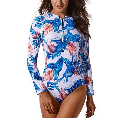 

FITTOO Womens Tankini Two Piece Long Sleeve Rash Guard UV UPF 50 Sun Protection Printed Bathing Suits Zipper Surfing Swimsuit
